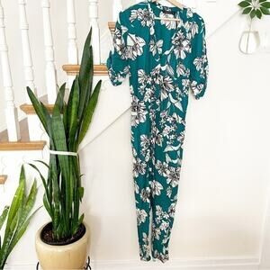 Zara Green White Floral Print Short Sleeve Tie Waist Button Down Jumpsuit Sz XS